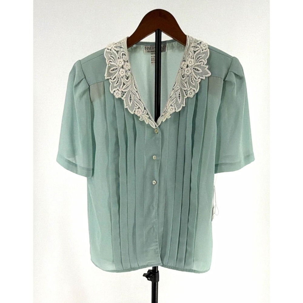 NWT Vintage Pale Aqua Sheer Lace Collar Pleated Button Blouse 6 Cottagecore